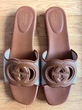 Gucci Brown Canvas GG Slide Sandals